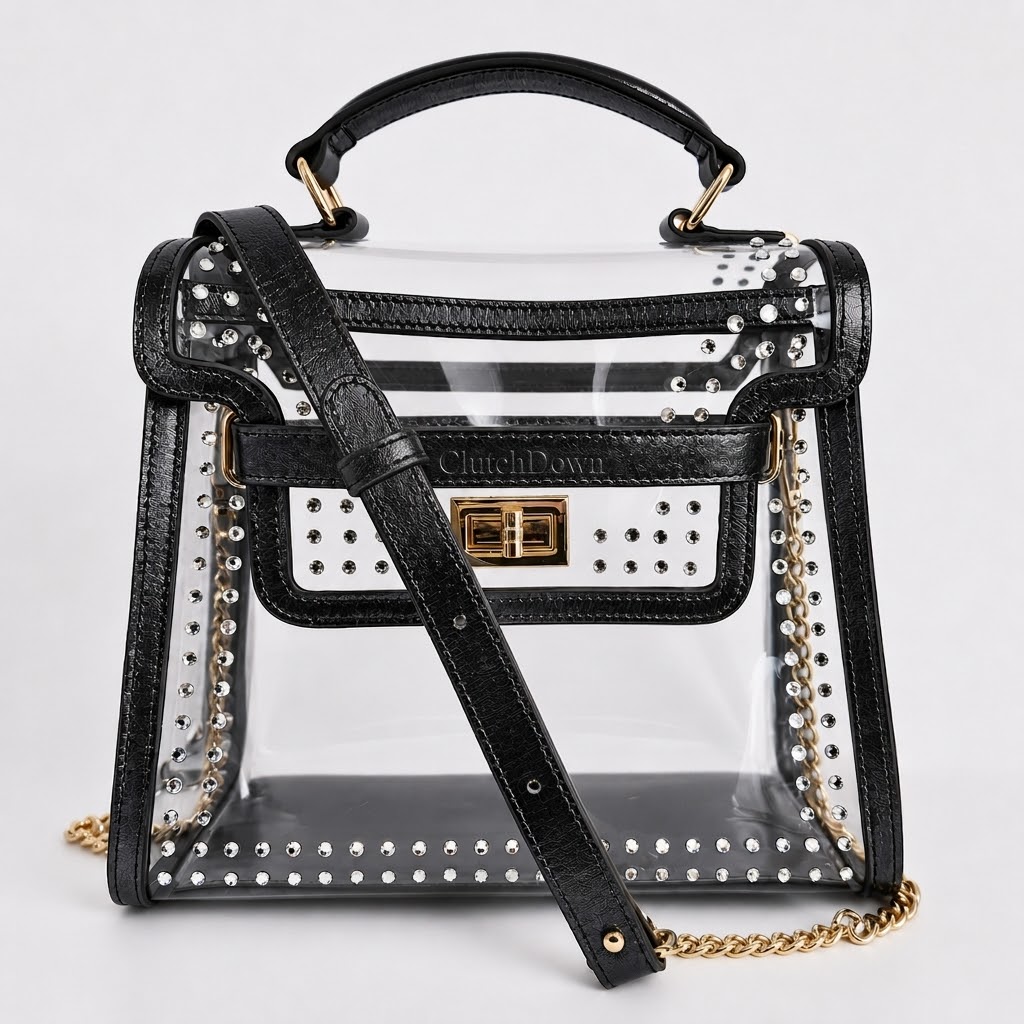 The Icon — Clear bag with black leather and crystals